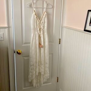 Lace, white, with gold accents dress - very beach wedding, boho style.